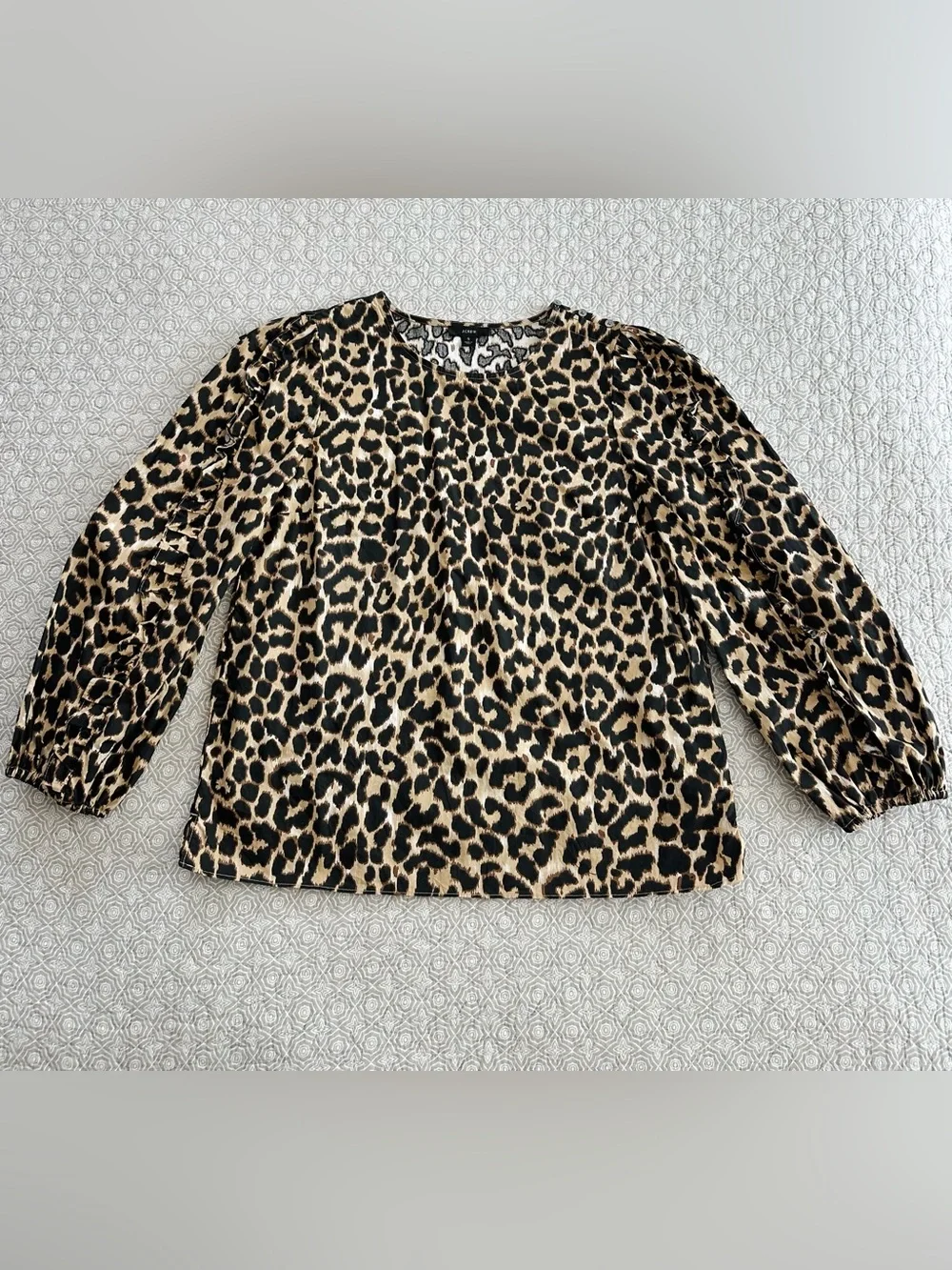 J. CREW Ruffle-Sleeve Top in Leopard Animal Print Brown Puff Sleeve Size S